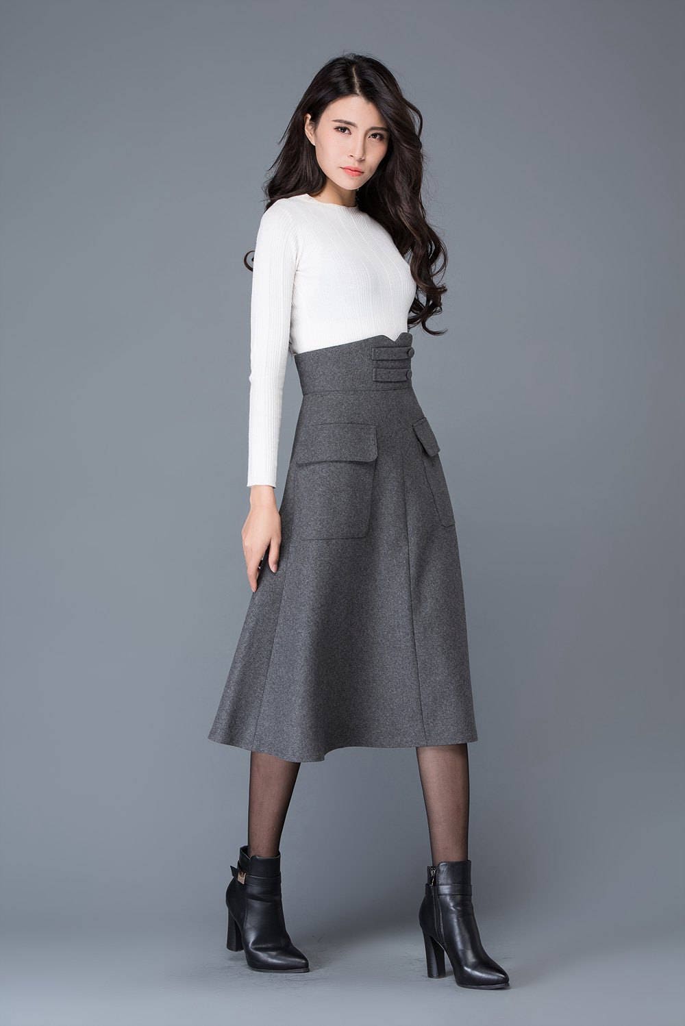 High waisted Wool skirt In gray Midi skirt winter skirts | Etsy