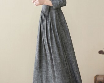ワンピース GLANSHIRT GREY LINEN DRESS Linen Shirt Dress, Gray Linen Maxi Dress, Long Sleeve Linen
