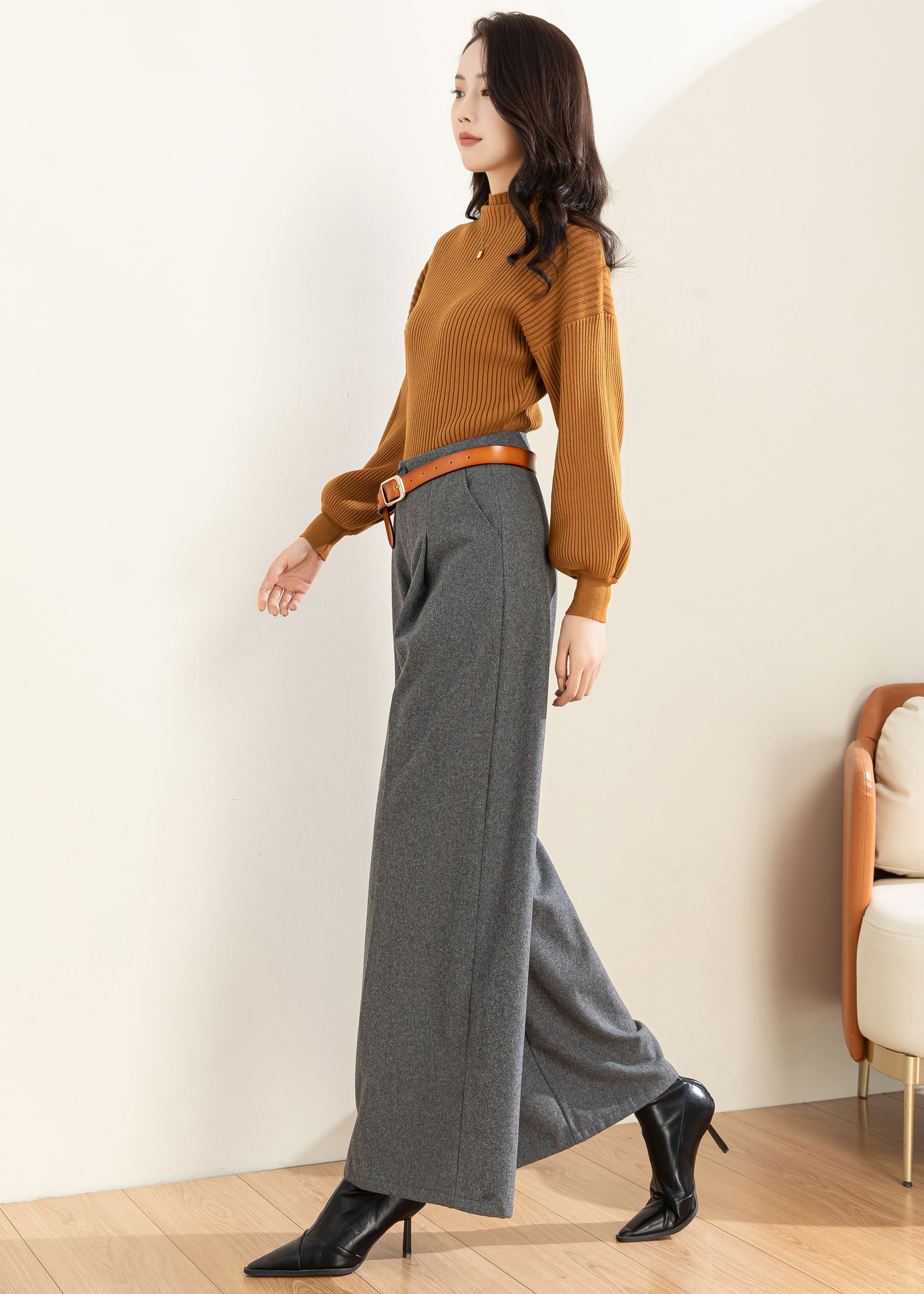 【WONDER WONDER】Render wool cut cotton long wide pants Wool Napping] Leather wool cut cotton long wide pants
