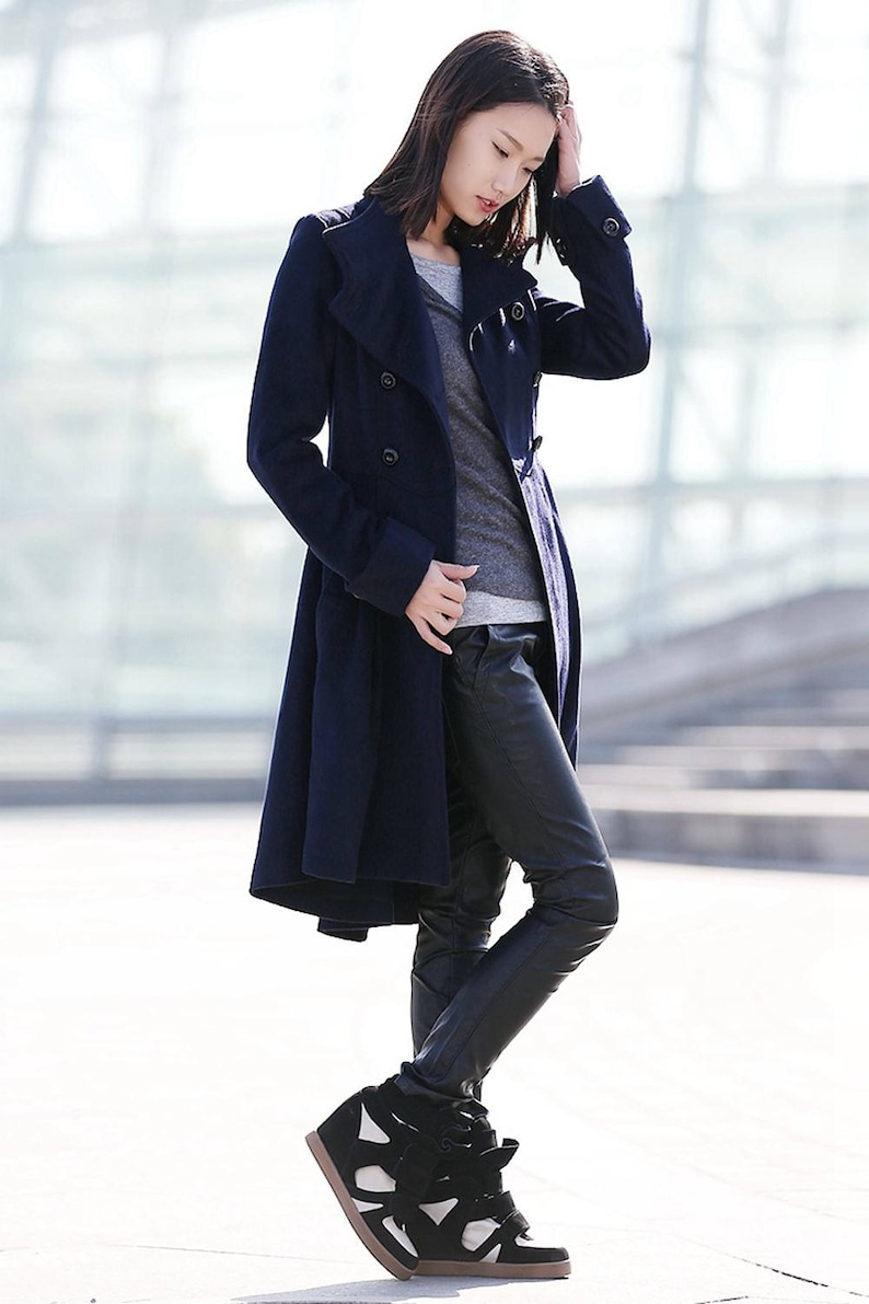 Damen Mantel Extra Lang Winter - Wollmantel Schwarzer Trenchcoat Elegant