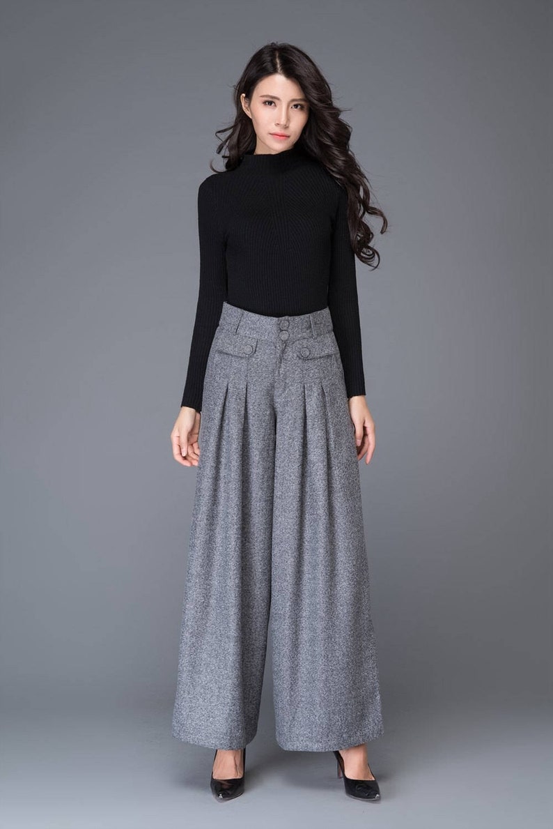 Wide Leg pants, wool pants, palazzo pants in Gray, Maxi wool pants, women's pants, Autumn winter pants, Pleated Pants, Wool clothing C1001 image 2