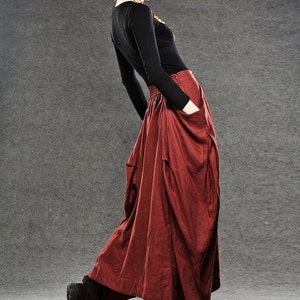 Linen skirt, Red Linen Maxi Skirt, Long Length with Asymmetrical Hemline, Ruched Detail and Deep Side Pocket Fall Autumn/Winter Fashion C050 image 4