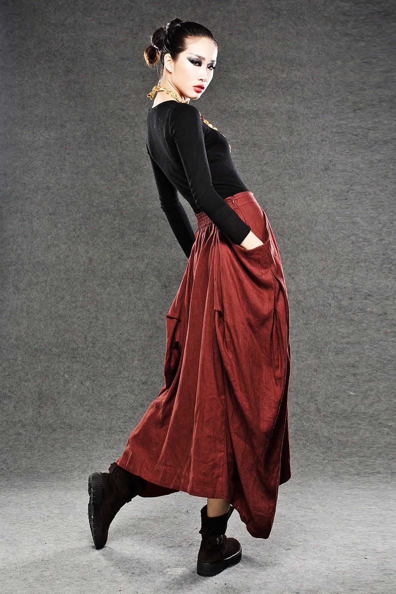 Linen skirt, Red Linen Maxi Skirt, Long Length with Asymmetrical Hemline, Ruched Detail and Deep Side Pocket Fall Autumn/Winter Fashion C050 image 4