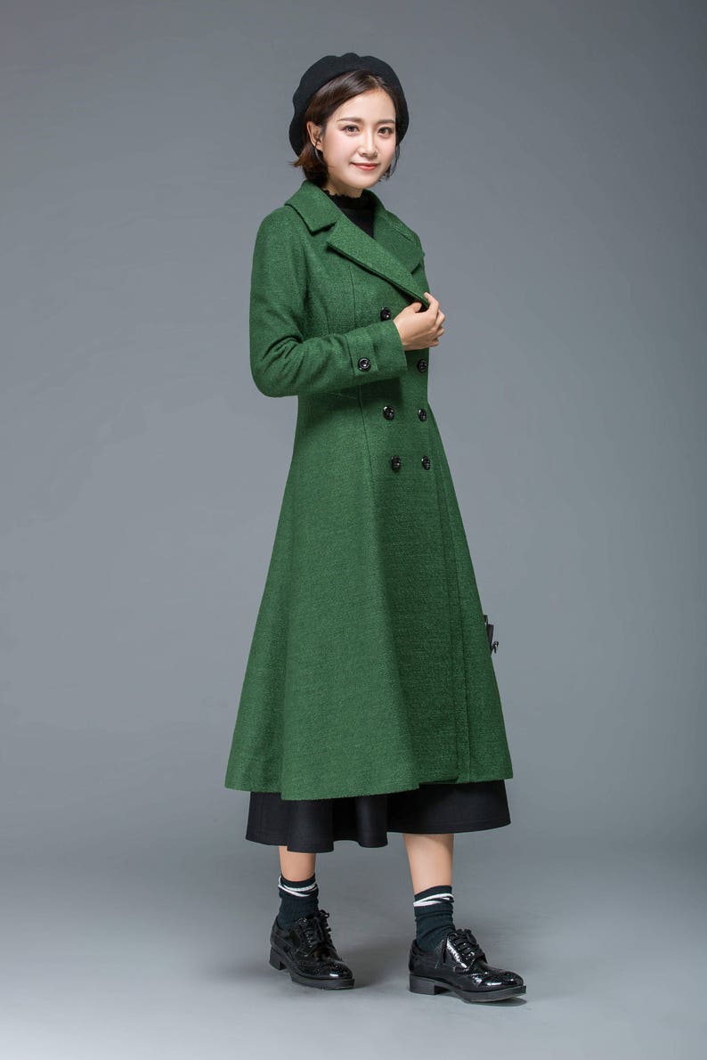 Wool coat, Long wool coat, winter coat women, womens coat, wool coat women, classic coat, green coat, double breasted coat, Ylistyle C1171 image 2