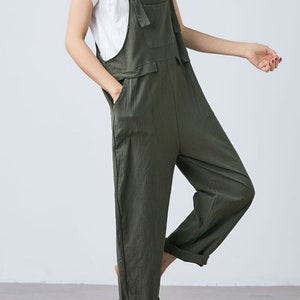 Summer green linen jumpsuit women, Casual Linen dungarees, Linen overalls, cropped leg plus size romper harem jumpsuit with pockets C1697 image 5