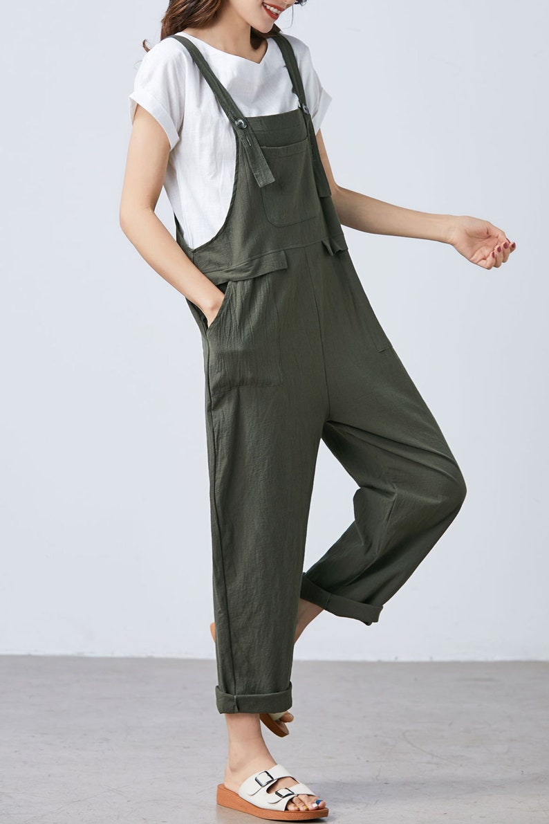 Summer green linen jumpsuit women, Casual Linen dungarees, Linen overalls, cropped leg plus size romper harem jumpsuit with pockets C1697 image 5