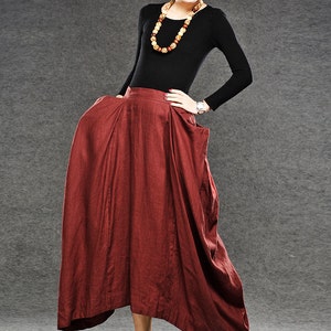 Linen skirt, Red Linen Maxi Skirt, Long Length with Asymmetrical Hemline, Ruched Detail and Deep Side Pocket Fall Autumn/Winter Fashion C050 image 5