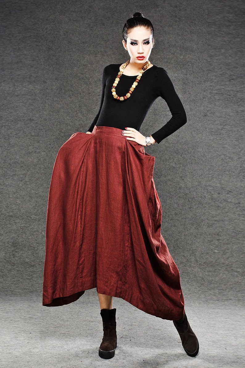 Linen skirt, Red Linen Maxi Skirt, Long Length with Asymmetrical Hemline, Ruched Detail and Deep Side Pocket Fall Autumn/Winter Fashion C050 image 5