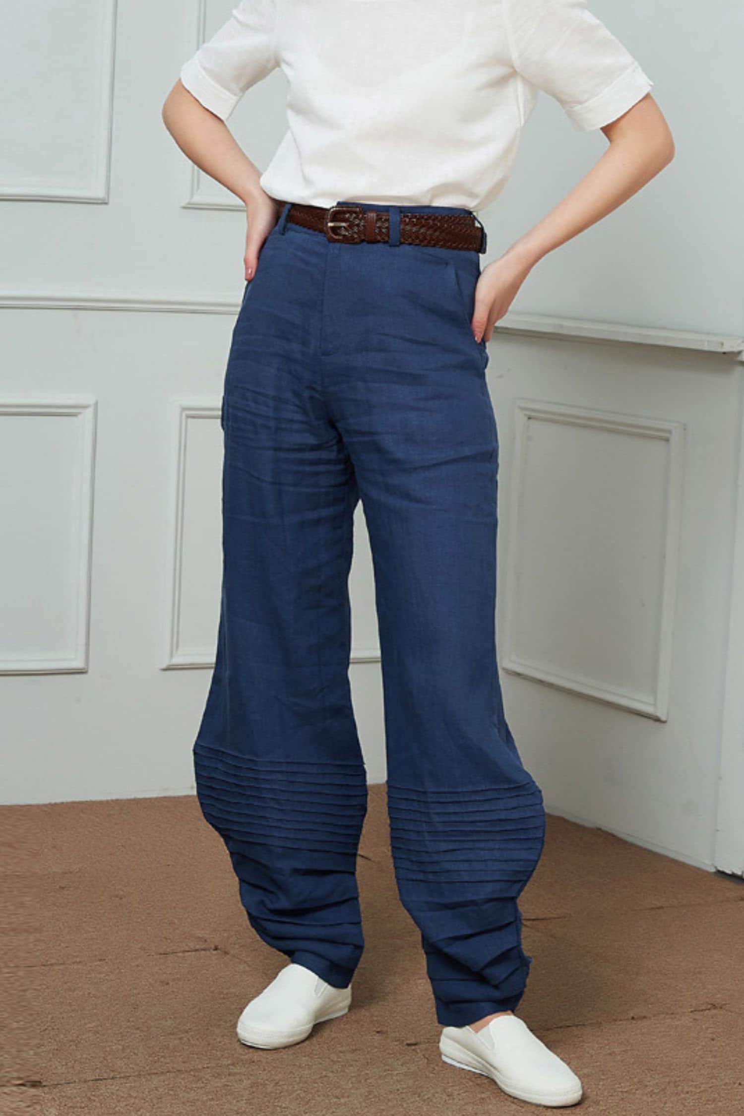 Linen pants with front pleats Blue パンツ QUYUON Wide Leg Linen Pants for Women Drawstring Elastic