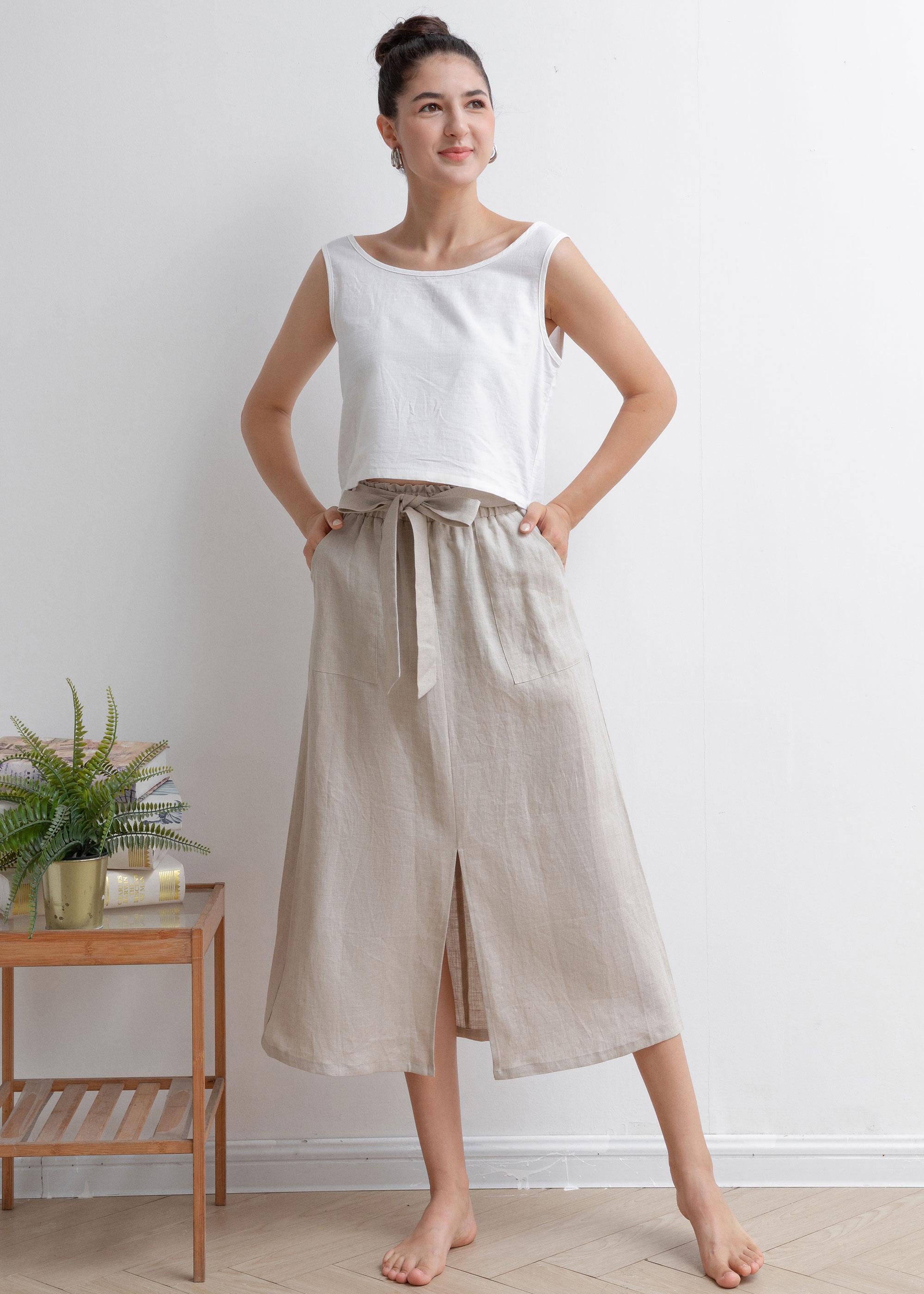 Linen Skirt, Belt Front Split Midi Skirt, High Waisted Skirt