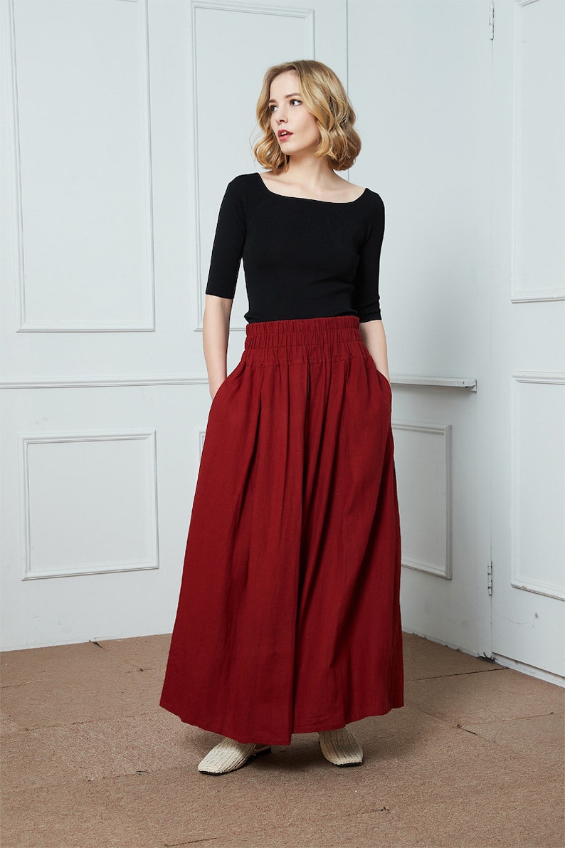 Red Linen Maxi Skirt Dark Red Full Long Skirt with | Etsy