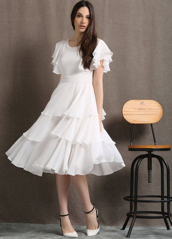 Tiered White Chiffon Midi Dress With Flutter Sleeves, Simple Wedding Guest Dress, Romantic Summer Party Dress, Modest Bridesmaid Dress C429