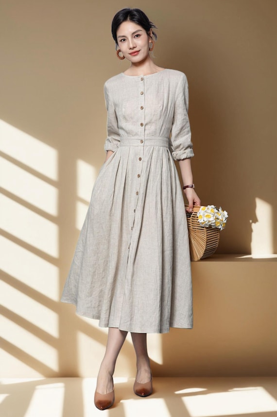 long sleeve beige midi dress Linen with Button Front and Pleated A-Line Skirt Beige / XS Order now and experience Style:EC0003B KissProm Champagne A Line Neck Size:19
