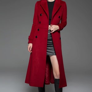 Classic Red Coat Wool Long Full Length Fitted Slim Tailored Double-Breasted Woman's Coat with Black Buttons & Double Lapels C741 image 2