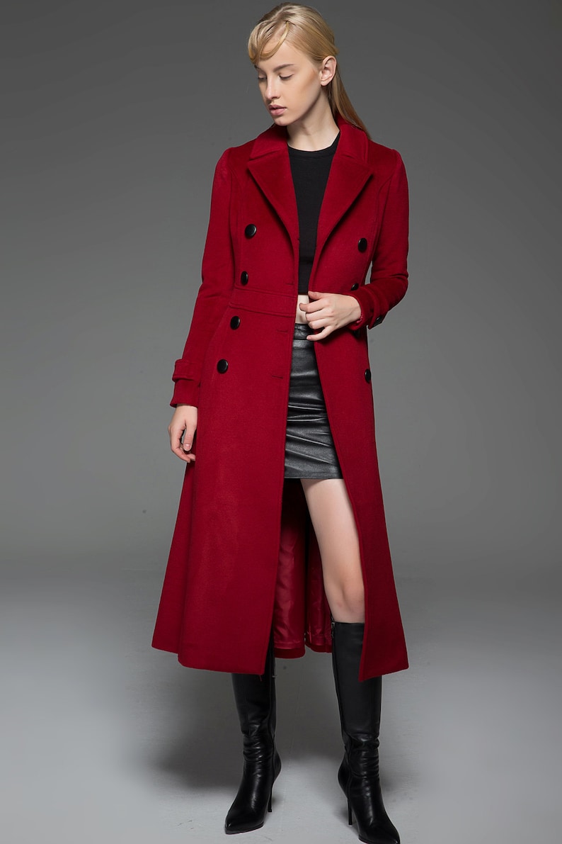 Classic Red Coat Wool Long Full Length Fitted Slim Tailored Double-Breasted Woman's Coat with Black Buttons & Double Lapels C741 image 2