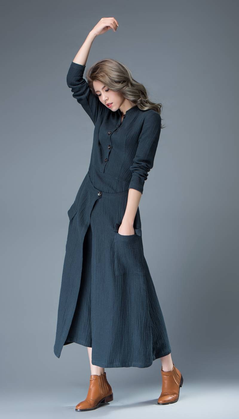 Navy Blue Linen Dress Linen Wrap dress Button up dress Etsy