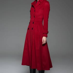 Classic Red Coat Wool Long Full Length Fitted Slim Tailored Double-Breasted Woman's Coat with Black Buttons & Double Lapels C741 image 8