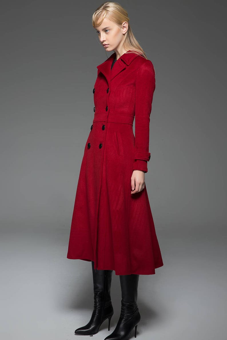 Classic Red Coat Wool Long Full Length Fitted Slim Tailored Double-Breasted Woman's Coat with Black Buttons & Double Lapels C741 image 8