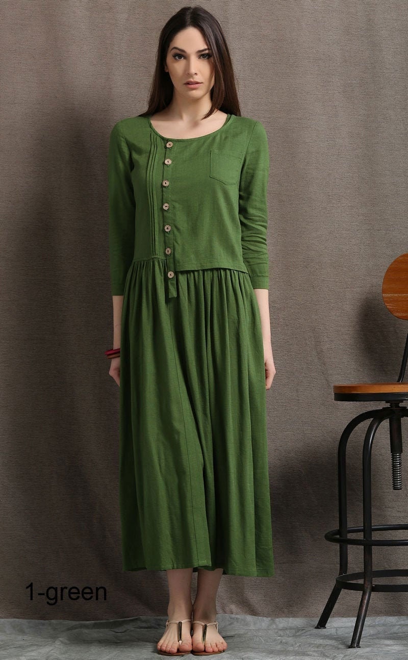 Linen Maxi Dress Moss Green Asymmetrical Semi-fitted Casual - Etsy Israel