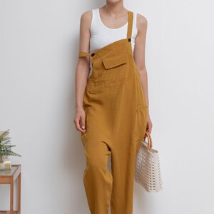 Women Linen Jumpsuit, Casual Linen Overalls, Loose Linen Harem Jumpsuits, Womens linen Romper, Yellow Linen Jumpsuit, Loose Pants C2943 image 5