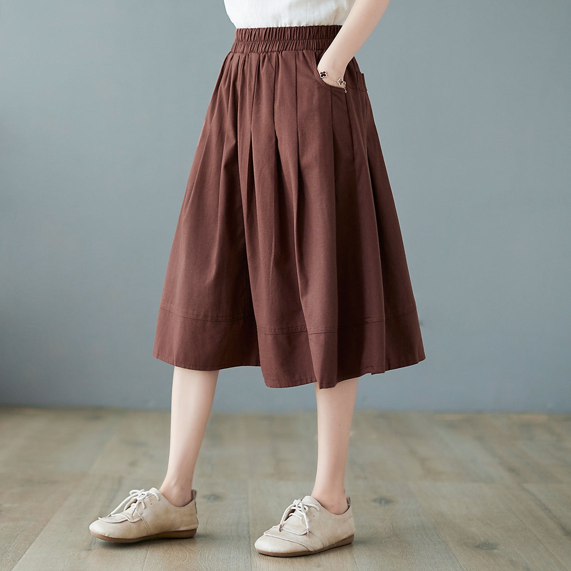 Summer Brown Midi Linen Skirt Elastic Waist Pleated Circle Etsy