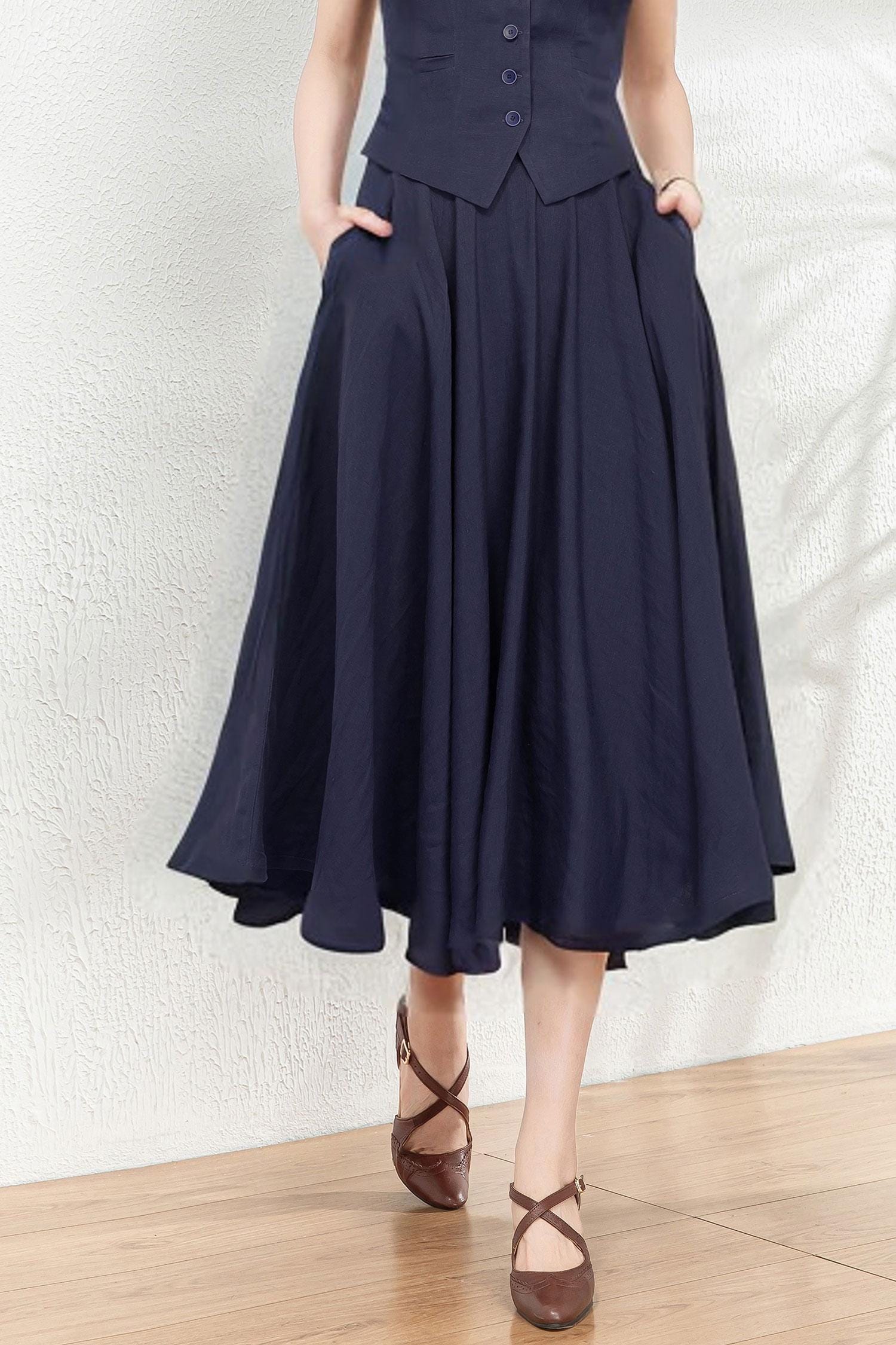 Linen Swing Skirt, Midi A-line Skirt, Navy Blue Linen Skirt