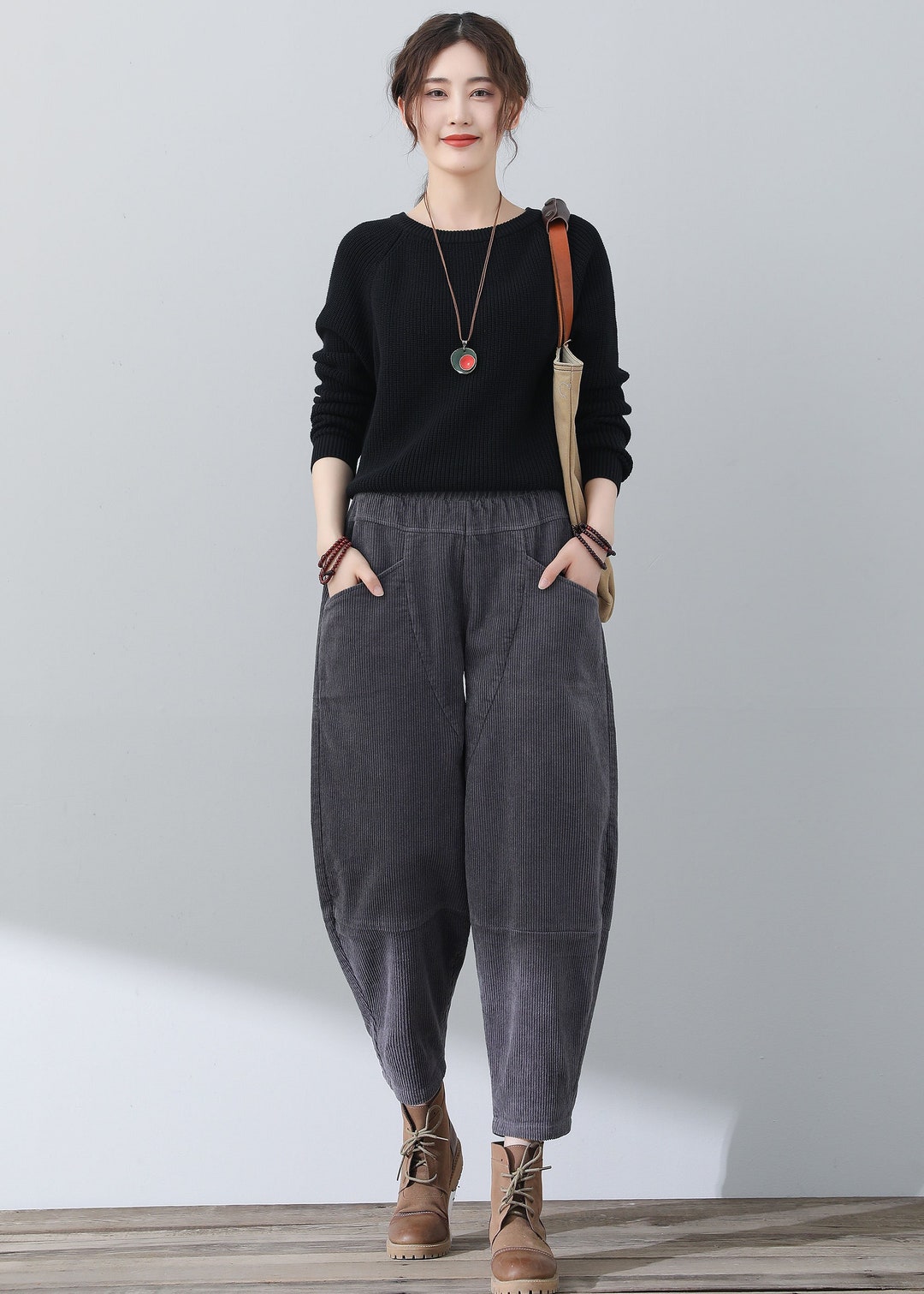 Pantalones Harem De Gran Tamaño FANTAZIA - Talla única, Algodón Suave, Largo Extra, Gris Jaspeado, Estilo Boho