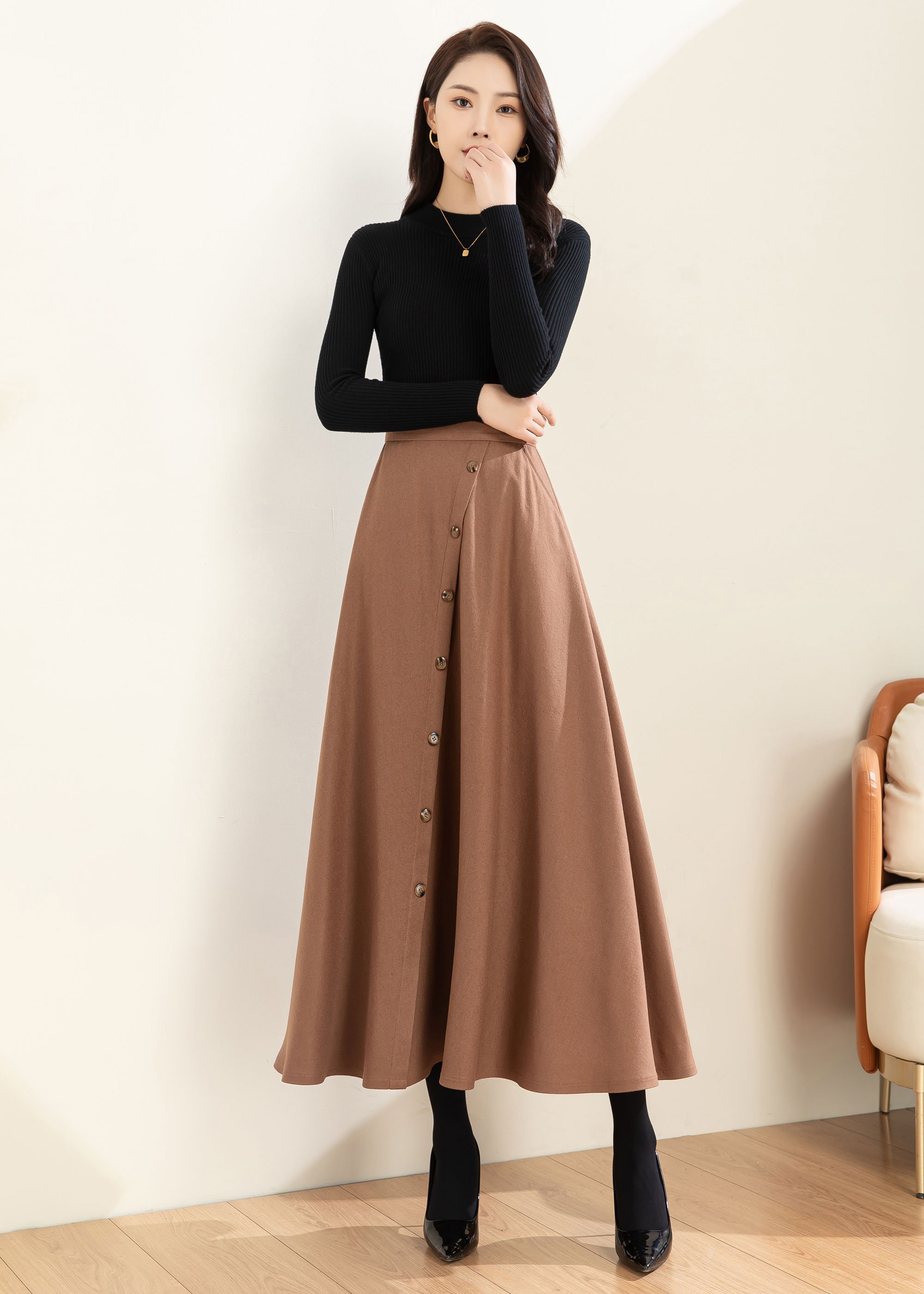 Midi Wool Skirt, A Line Skirt, Winter Skirt Women, Button Down