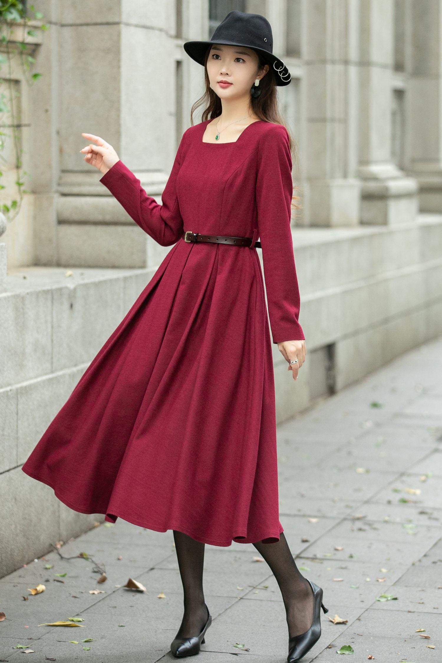 Red Classic Winter Wool Dress Women C4500 Red / Xs Red Classic Winter Wool Dress Women C4500 Red / Xs