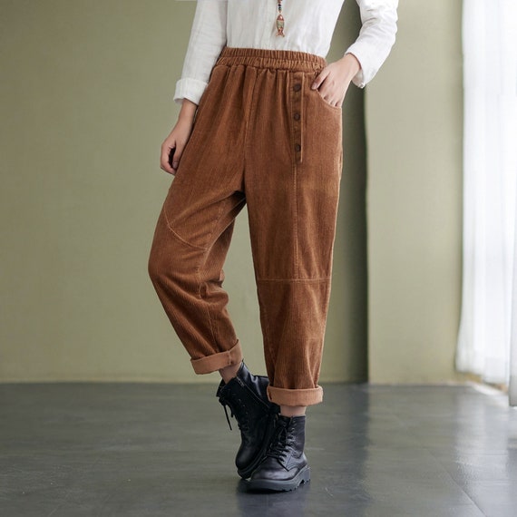 Casual Brown Corduroy Pants for Women, Long Pants, Plus Size Pants