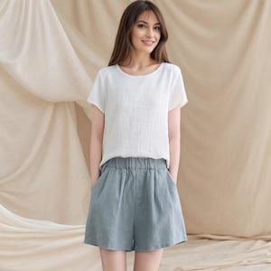 High-Waisted Linen Shorts for Women, Blue Linen Beach Shorts with pocket, Women Linen shorts, women Shorts, Custom shorts C2662