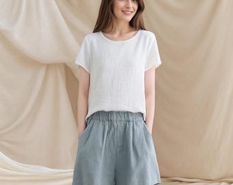 High-Waisted Linen Shorts for Women, Blue Linen Beach Shorts with pocket, Women Linen shorts, women Shorts, Custom shorts C2662