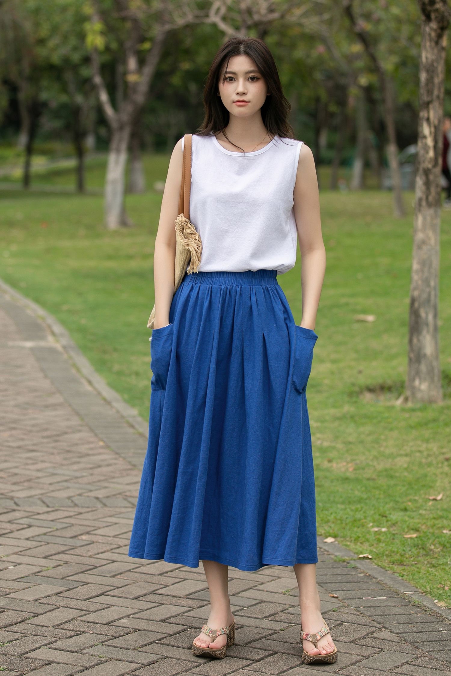 ホットセール 口コミ Linen Skirt, A-line Skirt, Casual Loose Skirt With Pockets スカート