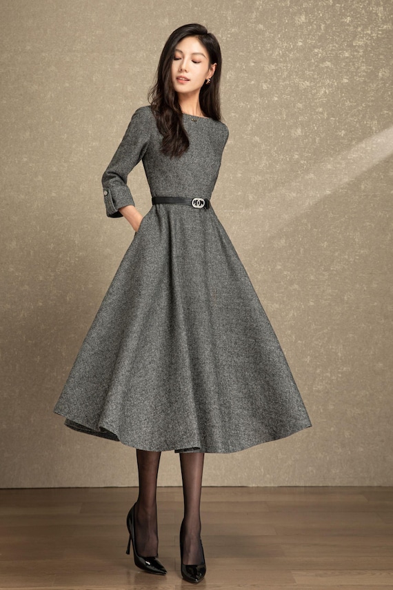 Swing wool dress women, Fit and flare dress, Grey wool dress, Midi wool  dress, Warm Winter wool dress, Handmade dress, Ylistyle C4495