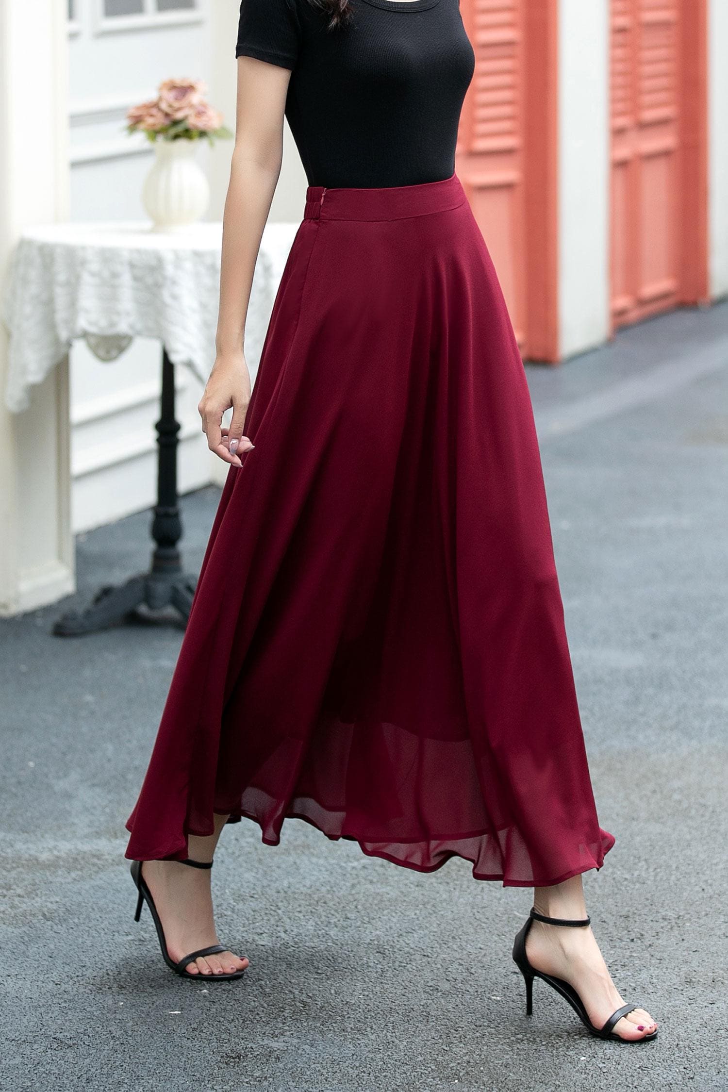 A-line Burgundy Chiffon Maxi Skirt, Women Summer Long