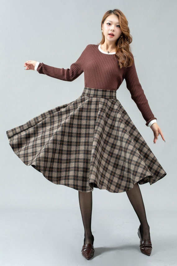 Midi Swing Circle Wool Plaid Skirt 4623 Midi Swing Circle Wool Plaid Skirt 4623