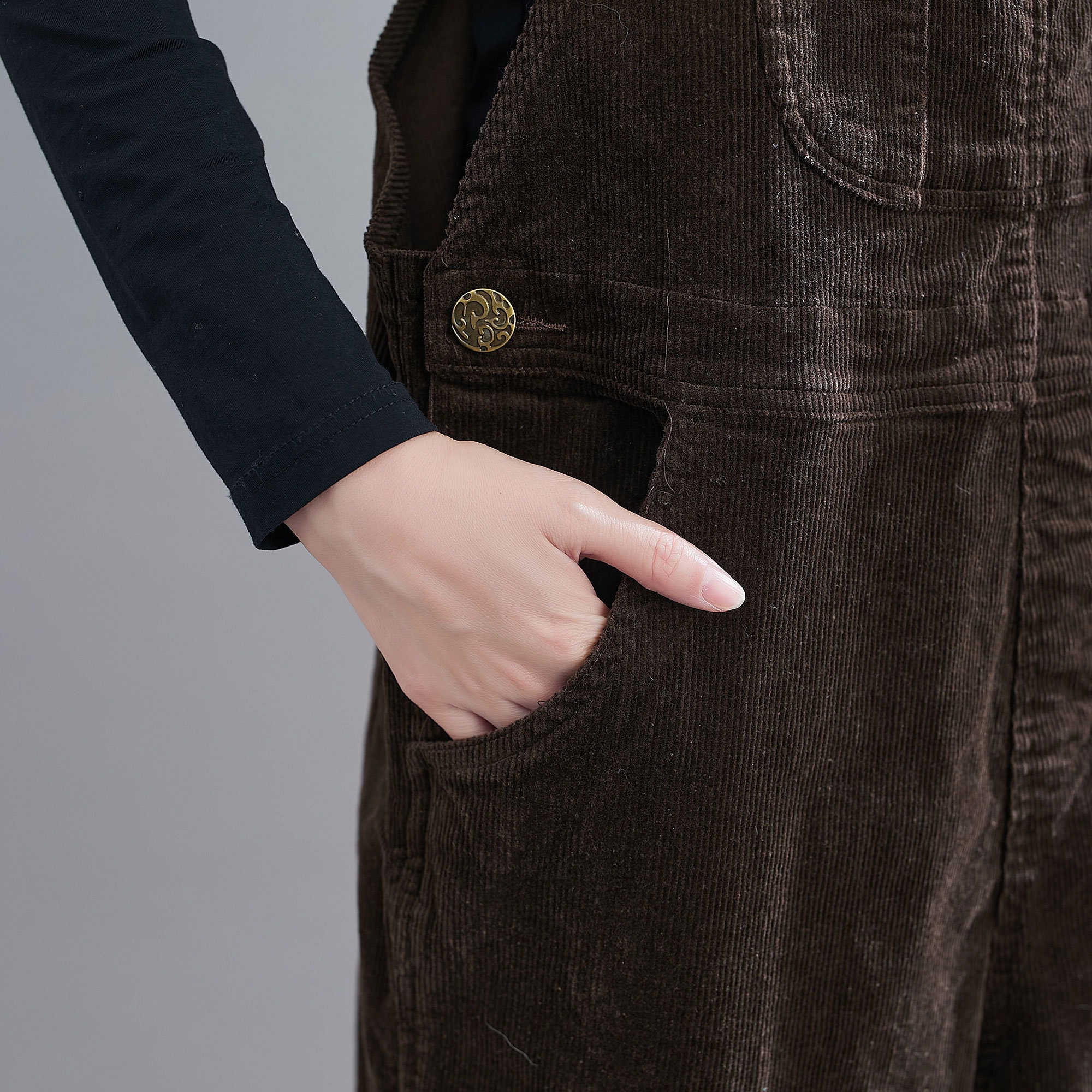 Retro Brown Corduroy Overalls, Women display picture 1