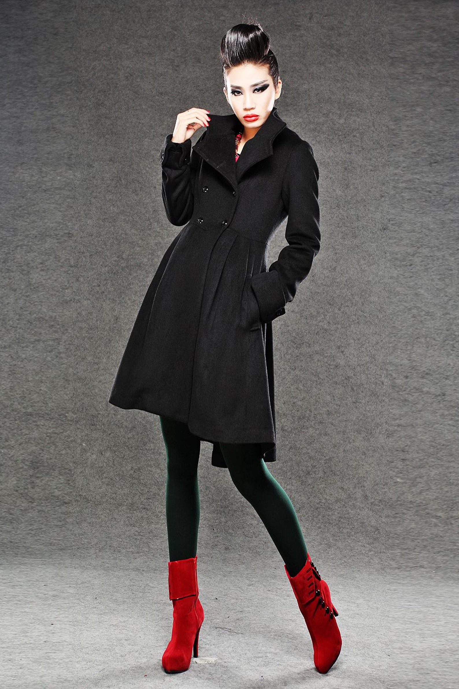 Red Military Coat FitandFlare Cashmere Wool Swing Coat Etsy