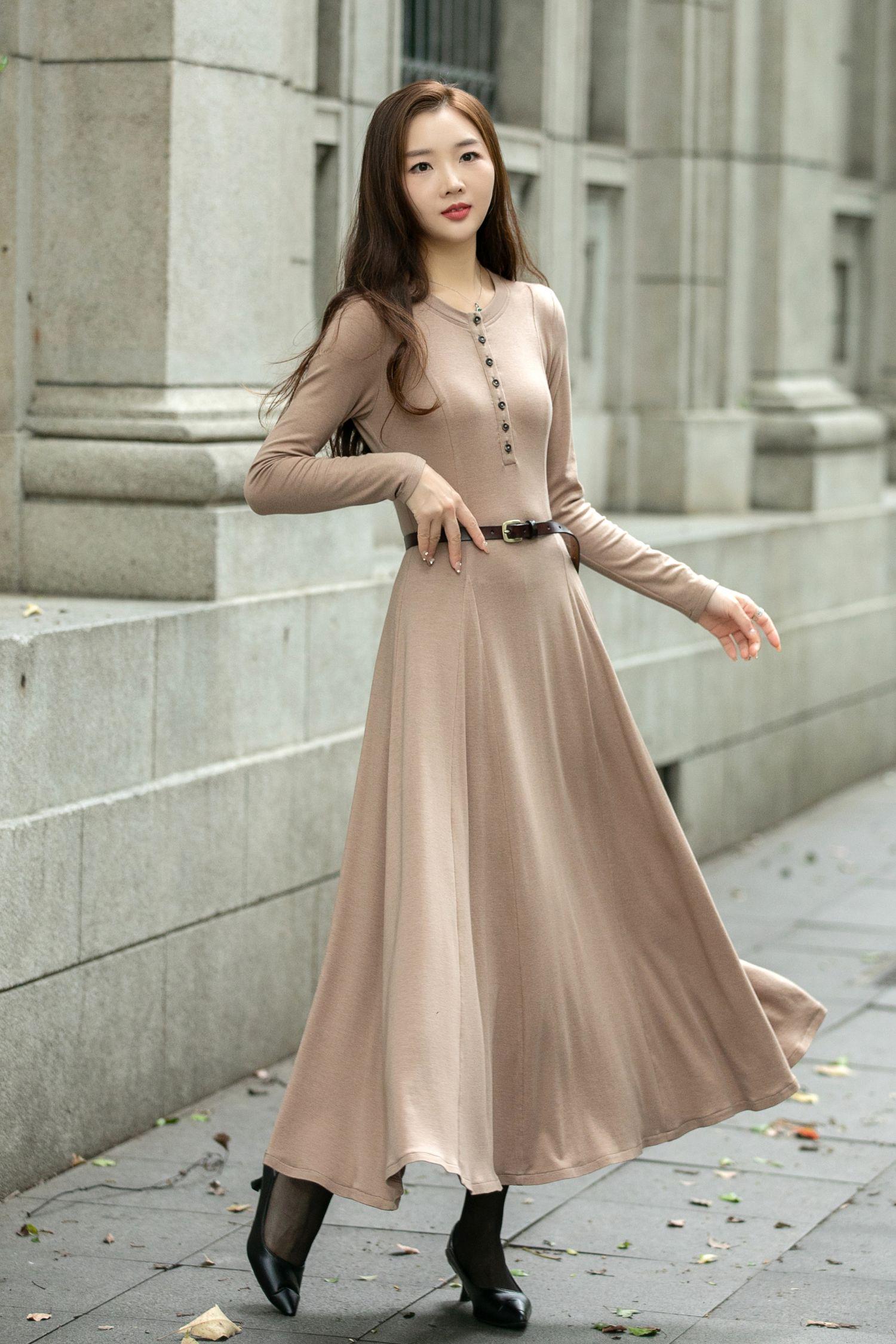Knit A-Line Long Dress, Wool-Free Knit Dress, Camel Knit Dress, Womens Loose-Fit Knit Sweater Dress, Handmade Dress, Ylistyle C4507