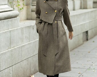 Military Wool Coat, Army Green Coat Women, Midi Wool Coat, Loose