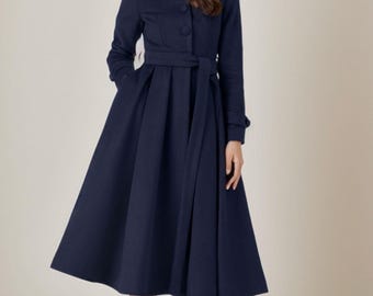 ロングウールコート、ヴィンテージ風ネイビーウールスイングコート