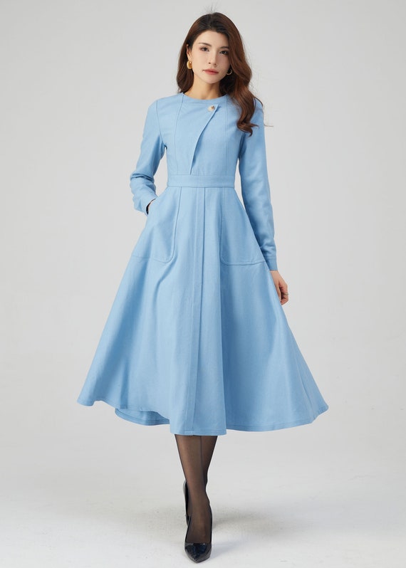 Blue Wool Dress, Winter Dress Women, Fitted Dress, Dress with Pockets, Long Sleeves Dress, Midi Wool Dress, Handmade Dress, Ylistyle C3541