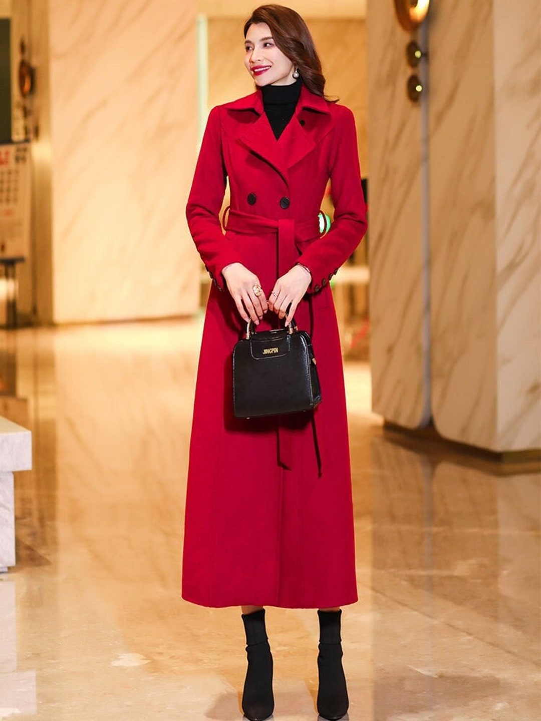 Long Wool Coat, Red Wool Trench Coat, Double Breasted Wool Midi Coat, Womens Winter Wool Coat