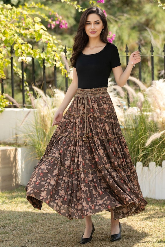 cotton skirt dress for women Brown Cotton Maxi Skirt with Floral Print and High Waist Floral / XS