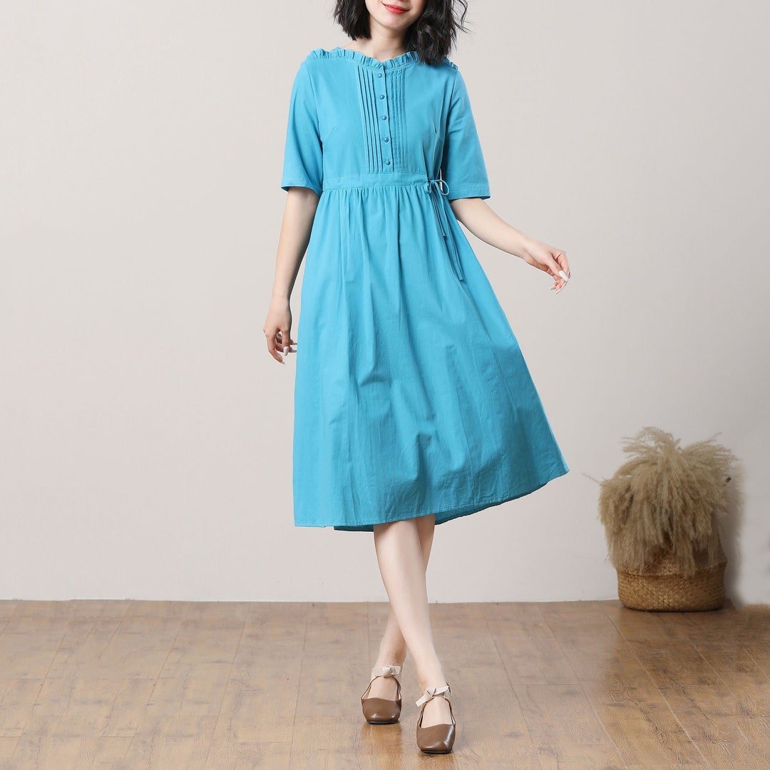 Summer Linen Dress, Women's Blue Linen Dress, Aline Linen Dress, Midi