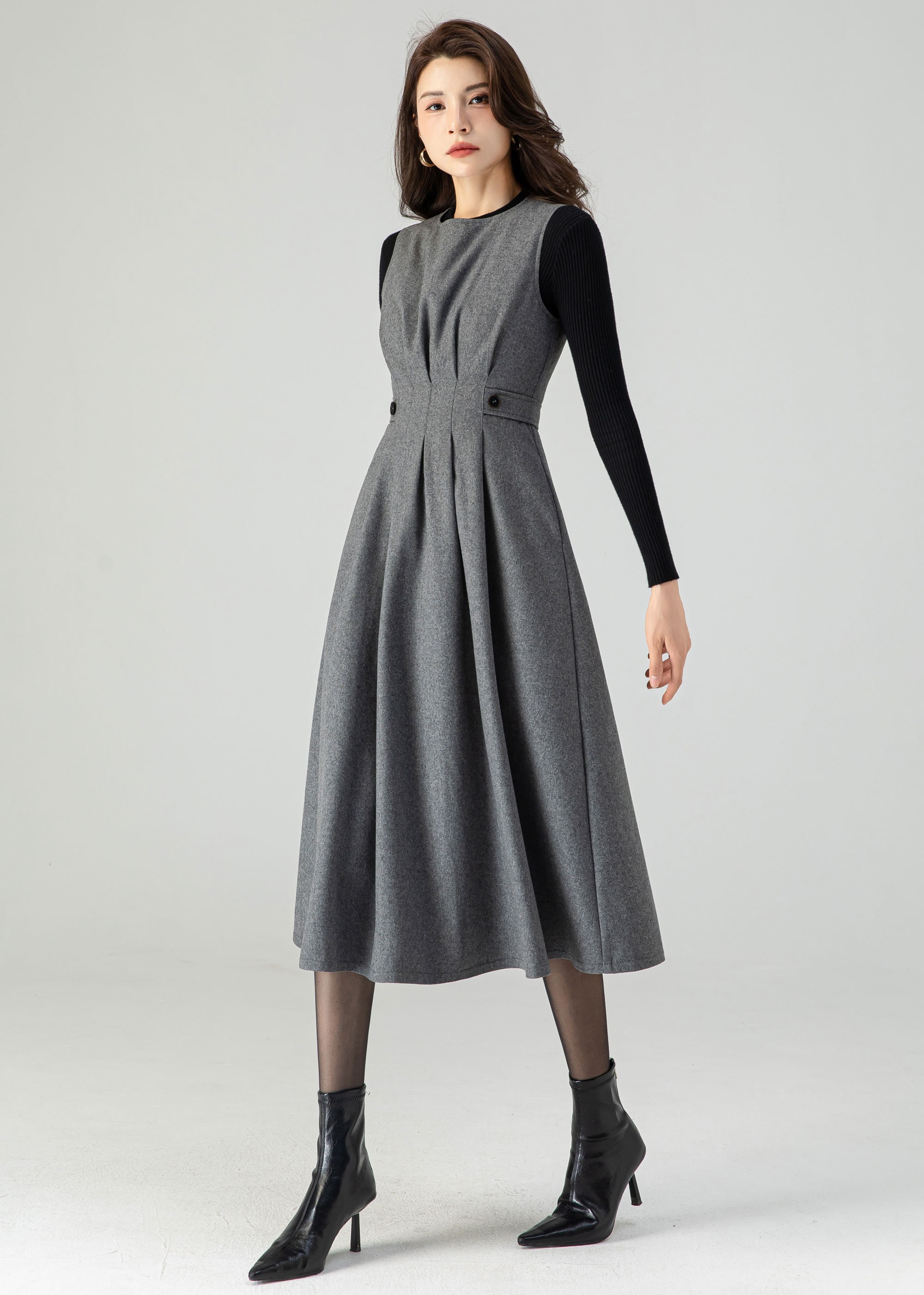 Wool Dress Women, Midi Dress, Gray Dress, Pleated Dress, Fit