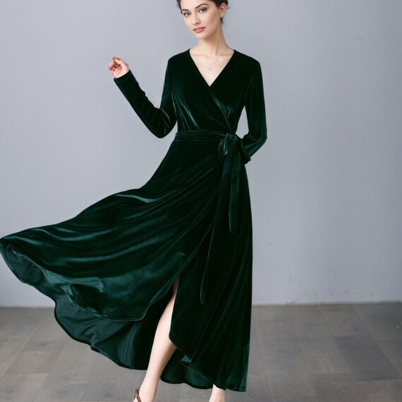 formal velvet wrap dress Black Velvet Wrap V Neckline Dress Flutter Sleeves