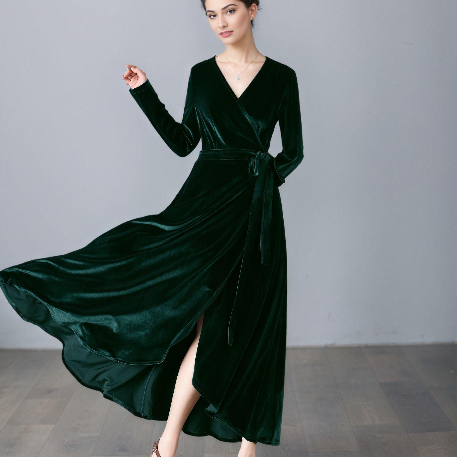 slim fit dress slacks CurveWow Long Sleeve Pleated Midi Dress Green – Curvewow main image 1
