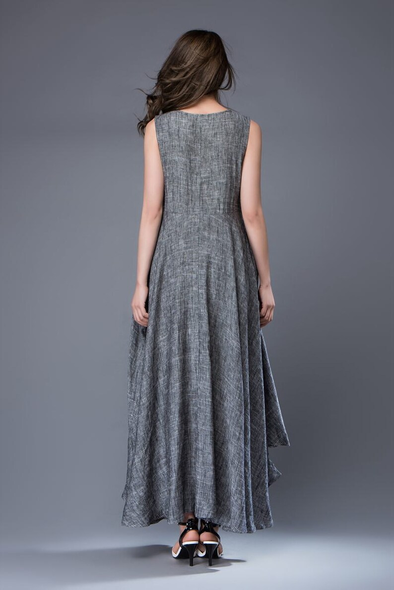 Gray Linen Dress Layered Flowing Elegant Sleeveless Long Etsy