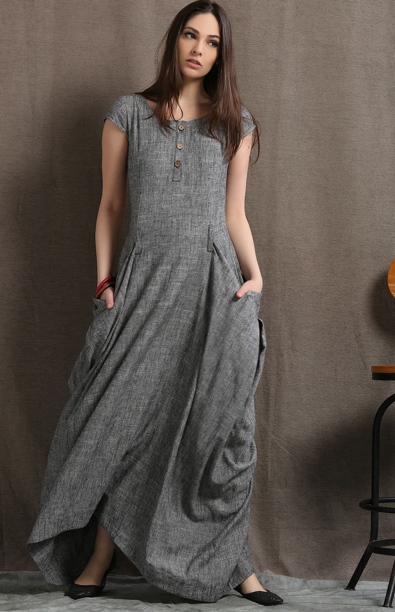 Gray Linen Dress Long Maxi Boho Style Short Sleeved Shift | Etsy